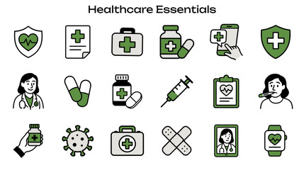 Simple Icon Set Related to Healthcare Essentials: Includes Icons Like Doctor, Syringe, Heartbeat, and Medical Report