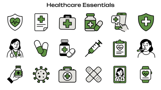 Simple Icon Set Related to Healthcare Essentials: Includes Icons Like Doctor, Syringe, Heartbeat, and Medical Report
