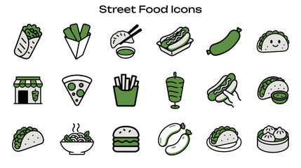 Simple Icon set related to Street Food Bites. Contains icons: Taco, Burger, Hotdog, Pizza.