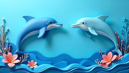 Obraz premium 3d world ocean's day paper art with dolphin and cora , blue background banner , created with generative ai