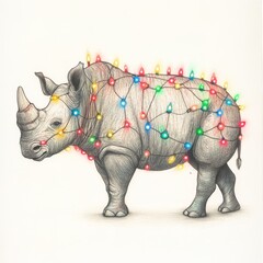 Fototapeta premium Rhinoceros Holiday Lights Pencil Drawing - A whimsical pencil sketch of a rhinoceros adorned with colorful Christmas lights. Symbolizing joy, festivity, unexpected charm, wildlife conservation