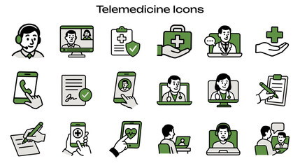 Simple Icon Set Related to Telemedicine. Contains Icons: Doctor Consultation, Medical Checklist, Health Monitoring, Online Appointment