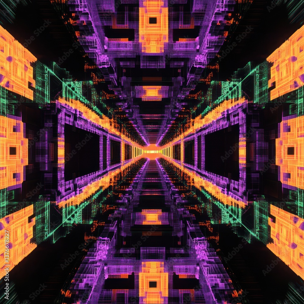 Poster abstract geometric tunnel with colorful light and a sense of depth and perspective. the image featur