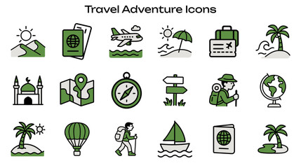 Simple Icon Set Related to Travel and Exploration. Contains Icons: Airplane, Map, Globe, Beach Palm, Sailboat
