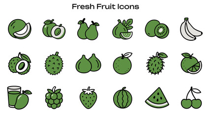 Simple Icon Set Related to Fresh Fruits - Contains Icons: Melon, Coconut, Pear, Kiwi