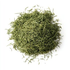 Heap of dried green tea leaves, a healthy herbal ingredient isolated on white