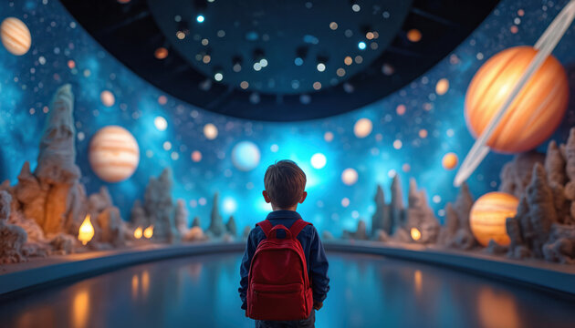 Young child explores space exhibition. Boy gazes in awe at cosmic display of planets stars galaxies. Educational science museum, inspiring curiosity. Astronomy space exploration concept.