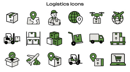 Simple Icon Set Related to Logistics and Delivery. Contains Icons: Boxes, Cart, Truck, Map