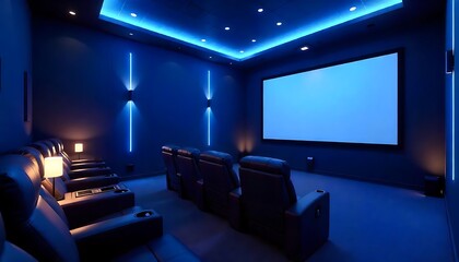 3d home cinema room with blue lights and leather armchairs with table lamps and a big movie screen 3d rendering, digital illustration created with generative ai