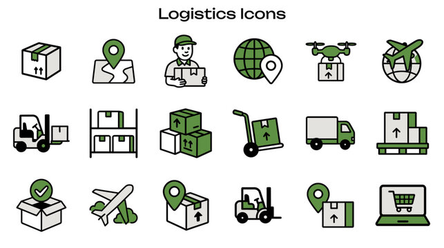 Simple Icon Set Related to Logistics and Delivery. Contains Icons: Boxes, Cart, Truck, Map