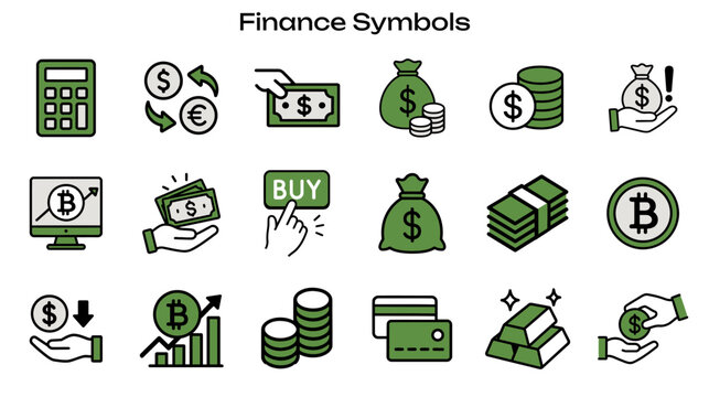 Simple Icon set related to Finance and Currency. Contains icons: money bag, Bitcoin, exchange, credit card