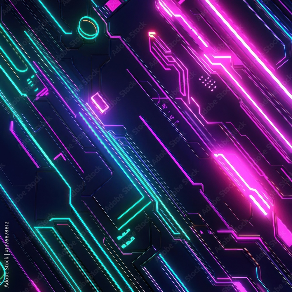 Poster glowing lines of a futuristic circuit board with neon color illumination