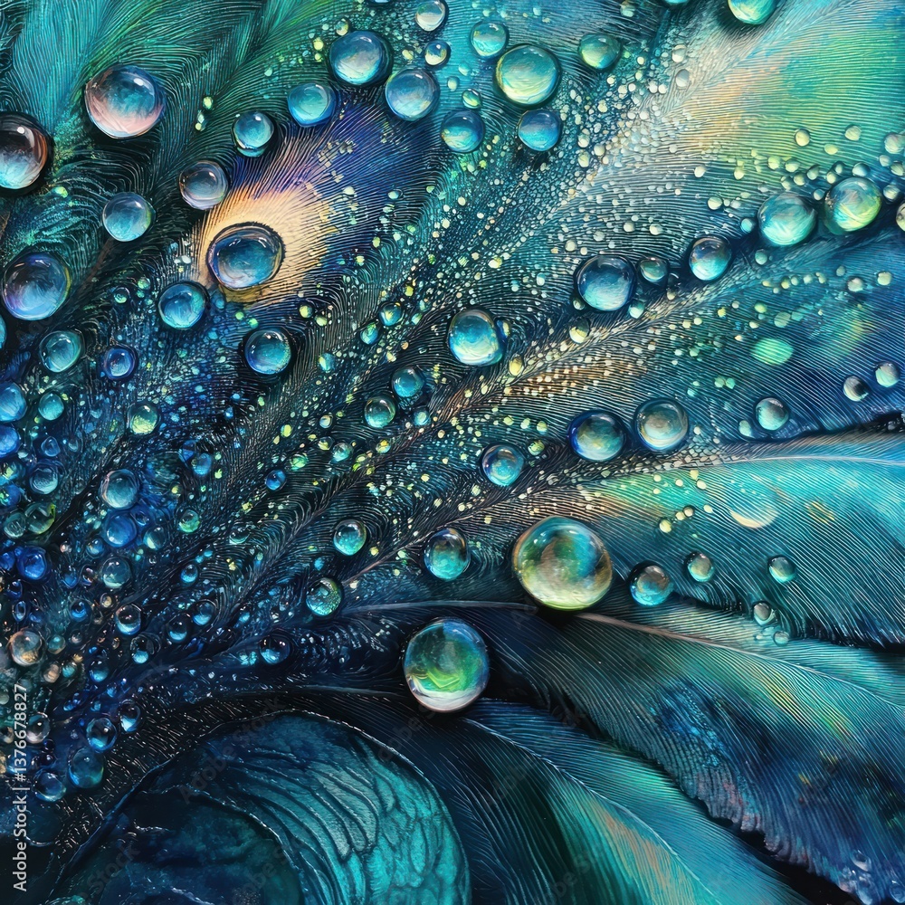 Poster a captivating close-up of peacock feather with water drops on it. the droplets reflecting the light 