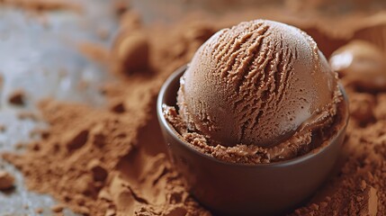 A scoop of rich chocolate ice cream with a sprinkle of cocoa powder