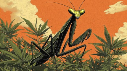 Praying Mantis Amidst Cannabis Plants: A Surreal Illustration
