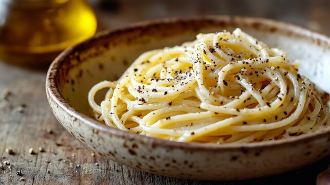 Creamy cacio e pepe pasta in rustic bowl with freshly ground black pepper