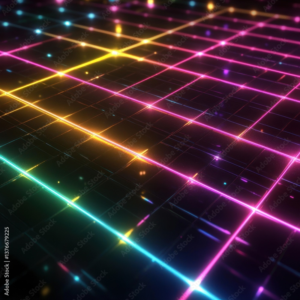 Poster a digital grid illuminated with vibrant neon lights, representing the future of technology. the grid