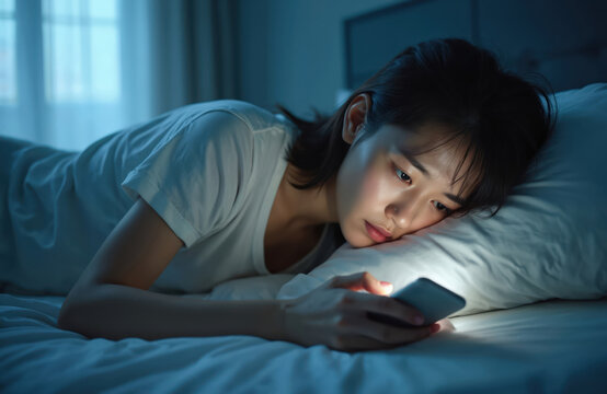 Young asian woman lying bed at night using smartphone. Reading news in social media, insomnia, depression, internet addiction. Sleepless female, scrolling phone, looking screen.