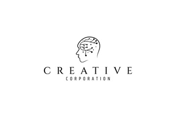 human brain logo with molecular network in flat design