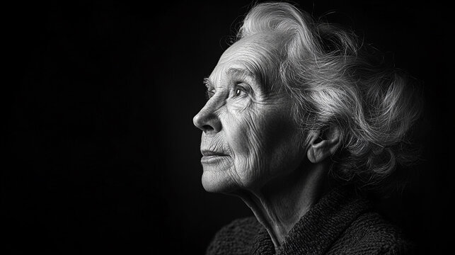 Elderly woman gazing thoughtfully in black and white