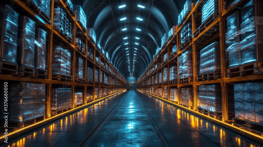 Poster Advanced logistics center features automated systems enhancing mobility and distribution efficiency within a warehouse filled with neatly stacked pallets under dim lights.