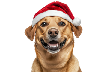Cheerful brown dog wearing a festive red Santa hat, smiling brightly for holiday celebrations, capturing the spirit of Christmas joy and cheerfulness