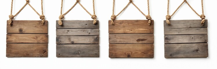 Four wooden boards hanging on ropes, blank space for message. Rustic wood texture, various shades of brown grey tones. Design mockup for sign advertisement message in minimalist style on white