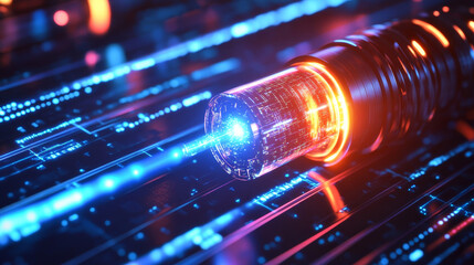 Blockchain. Quantum computer architecture. Fantastic cyberspace technology of the future. Secure digital data stream. 3D illustration of information blocks connected by a laser beam