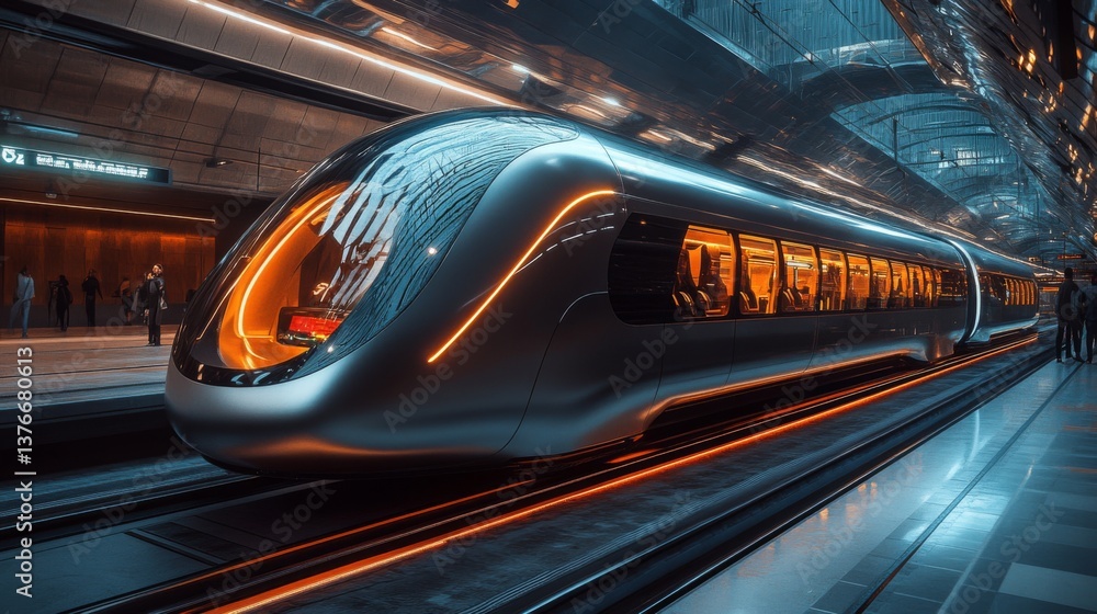 Poster A sleek smarttrain equipped with cutting edge automation technology is prominently displayed at a futuristic transportation hub, highlighting advancements in mobility and AI control systems.