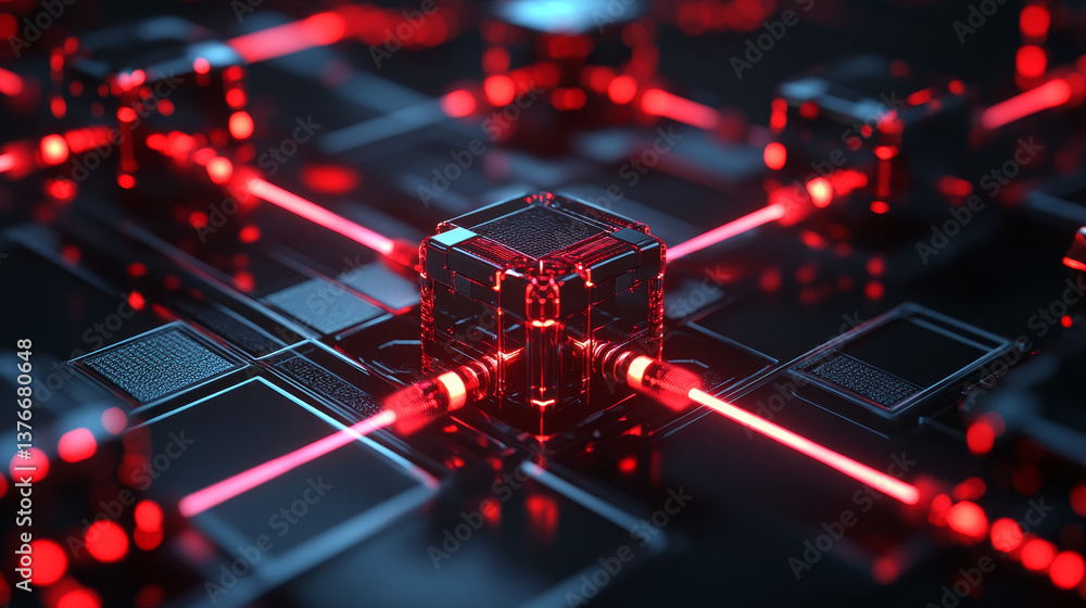 Poster blockchain. quantum computer architecture. fantastic cyberspace technology of the future. secure dig