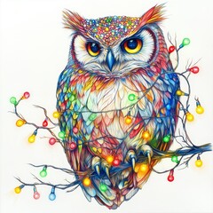 Naklejka premium Festive Owl Pencil Drawing with Lights - A vibrant colored pencil drawing of an owl adorned with colorful holiday lights, symbolizing wisdom, festivity, nature, illumination, and joy