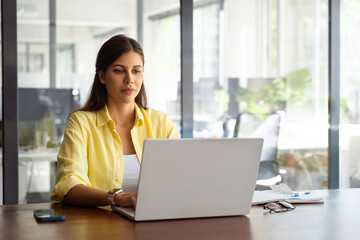 Female freelance entrepreneur working on online technological project on computer pc at company...