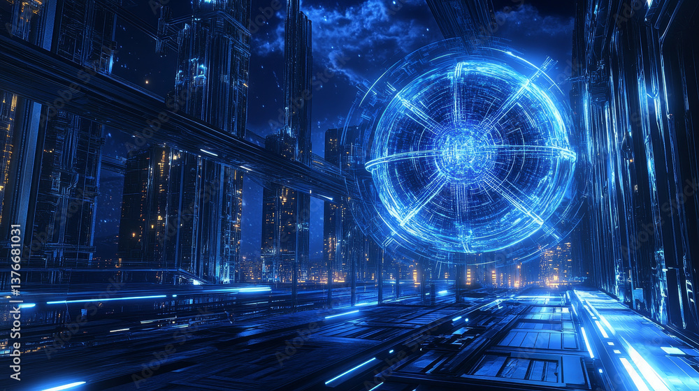 Poster abstract tech background 3d illustration. quantum computer architecture. fantastic night city. futur