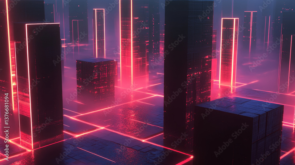 Poster global information network over an abstract night city. blockchain technology. 3d illustration of in