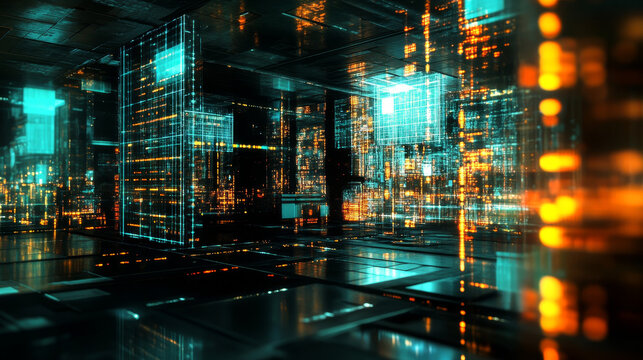 Abstract tech background 3D illustration. Quantum computer architecture. Fantastic night city. Futuristic technologies in global communication network