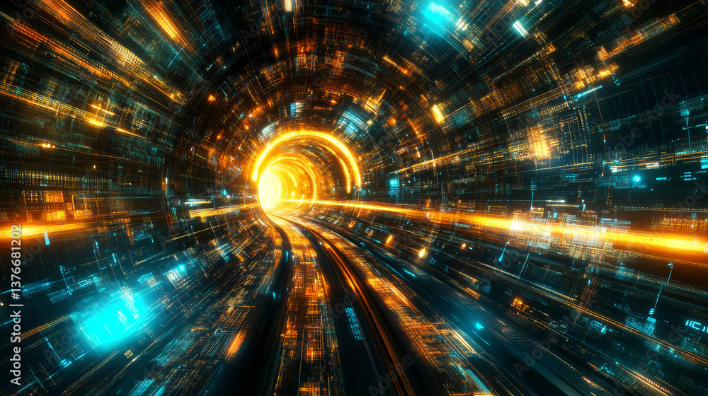 Poster futuristic sci-fi cyberspace in neon light. blocks of information in a digital data stream. portal, 