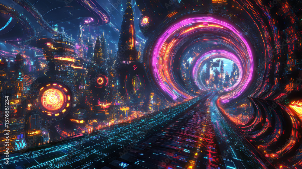 Poster futuristic sci-fi cyberspace in neon light. blocks of information in a digital data stream. portal, 
