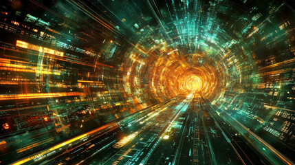 Obraz premium Futuristic sci-fi cyberspace in neon light. Blocks of information in a digital data stream. Portal, gate, tunnel and city of future 3D illustration. Abstract database