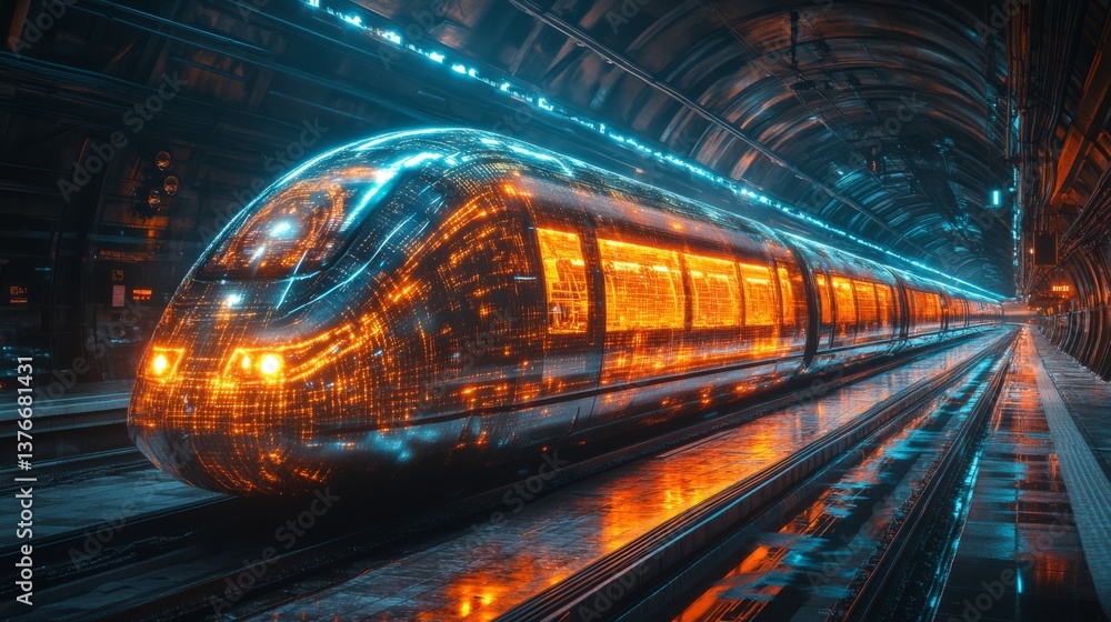 Leinwandbilder High tech train is illuminated with vibrant lights, demonstrating automation and mobility enhancements in a modern subterranean transit system, emphasizing efficiency and cutting edge design.