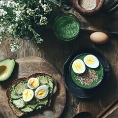 Healthy breakfast arrangement with avocado toast and smoothie, top view. It is set on a wooden table with flowers, eggs, and other ingredients
