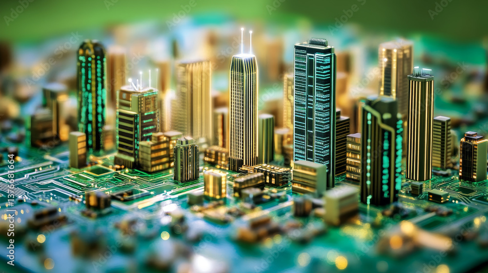 Poster cyber city and techno future of global information stream. 3d illustration of space computer circuit