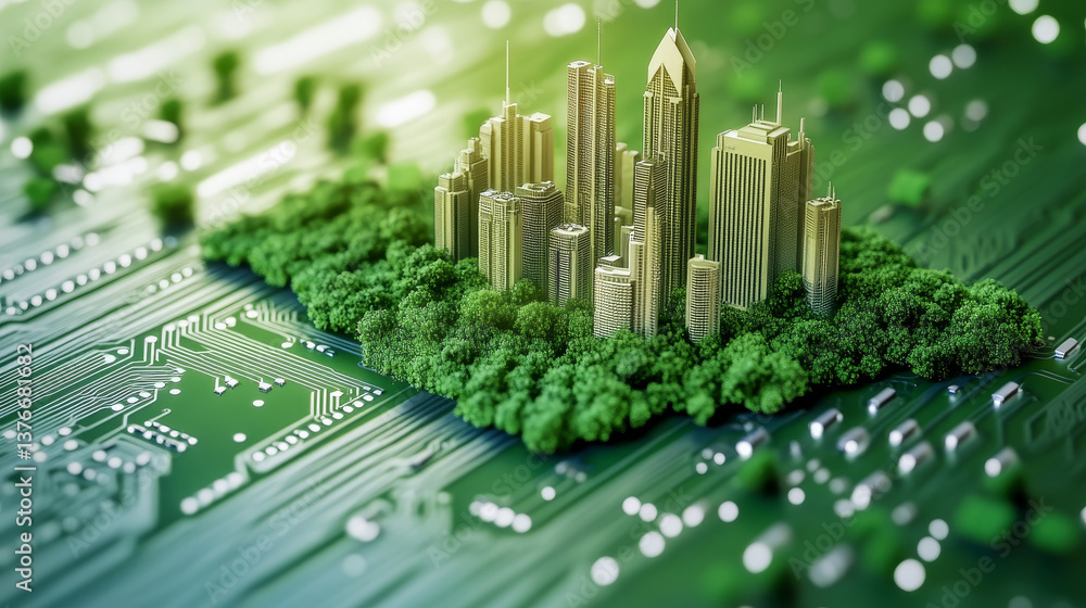 Poster cyber city and techno future of global information stream. 3d illustration of space computer circuit