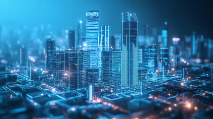 Cyber city. Digital technology and Bigdata. Blockchain network and artificial intelligence. 3D illustration of urban space in a new smart reality