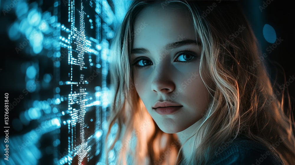Poster neural network. cyber city, digital technology and information security. big data concept 3d illustr