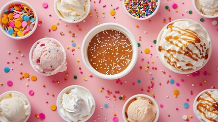 A creative flat lay of ice cream toppings, including sprinkles, caramel, and whipped cream