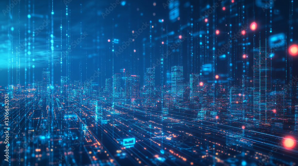 Poster cyber city, digital technology and information security. big data concept in 3d illustration. neural