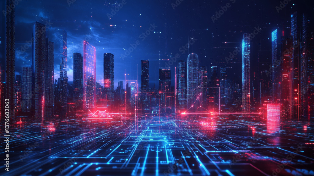 Poster cyber city, digital technology and information security. big data concept in 3d illustration. neural