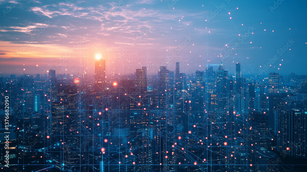 Poster cyber city, digital technology and information security. big data concept in 3d illustration. neural