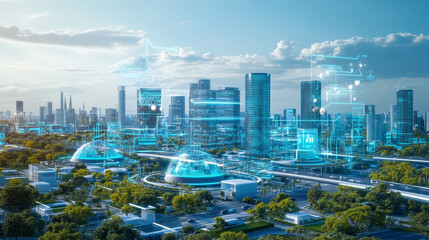 Digital city in hitech. Circuit board and hardware 3d illustration. Wireless internet technologies. Database protection and secure transmission of information on blockchain network