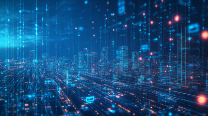 Obraz premium Cyber city, digital technology and Information Security. Big data concept in 3D illustration. Neural networks, blockchain, database in world of future